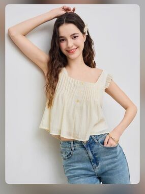 Cider Cream Pintuck Square-Neck Ruffled Strap Camisole